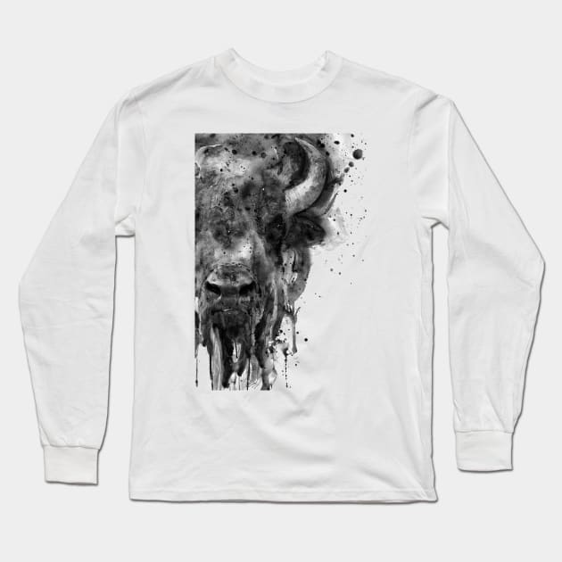 Black and White Watercolor-Half Faced Buffalo Long Sleeve T-Shirt by Marian Voicu